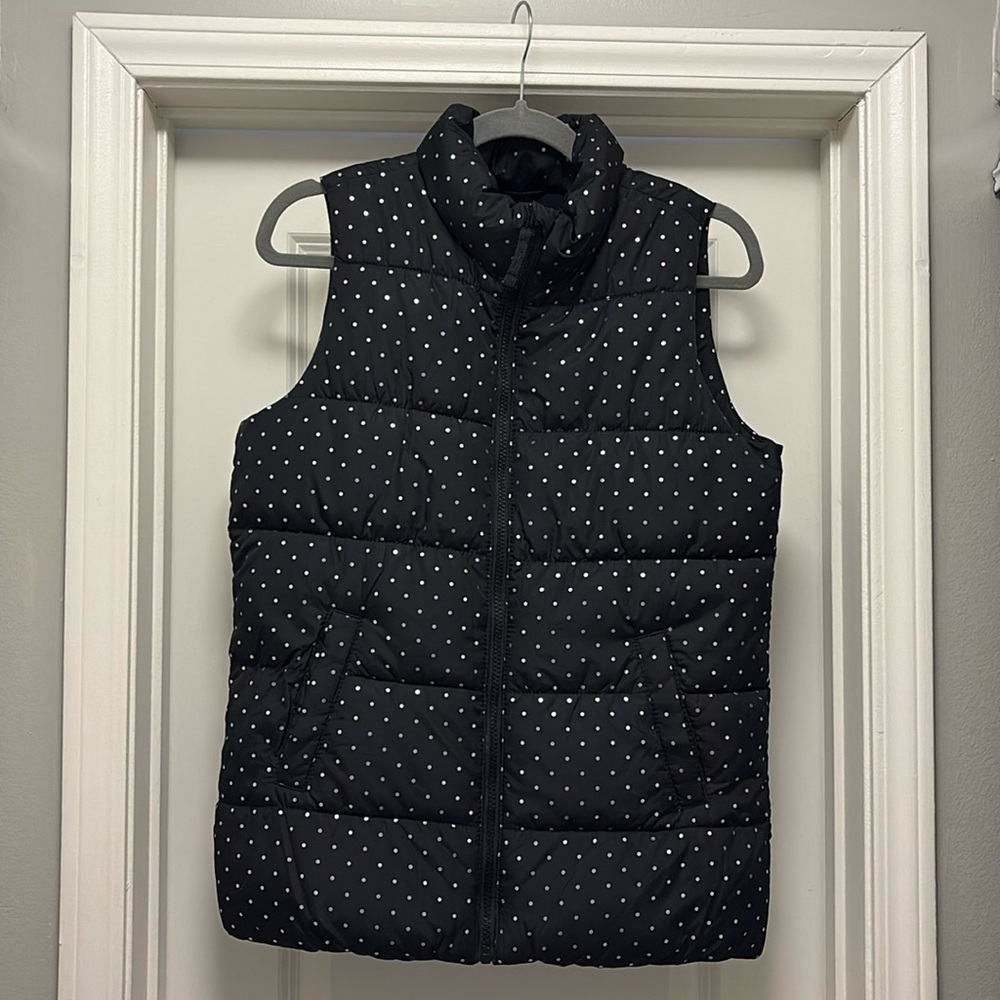 Old Navy black vest with white polka dots zip-up
